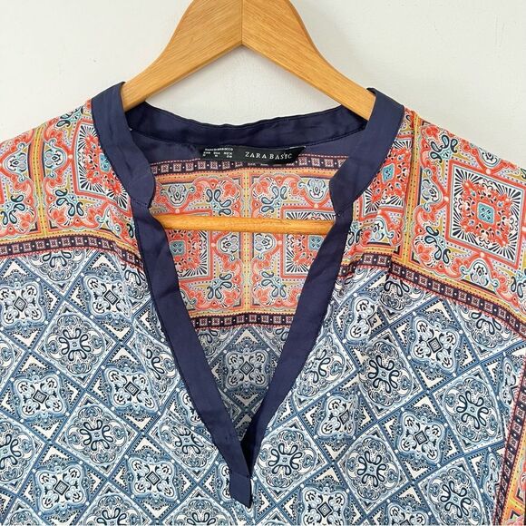 Zara Multicolor Print 3/4 Kimono Sleeve Oversized Boho Vneck Tunic Blouse - Picture 11 of 11